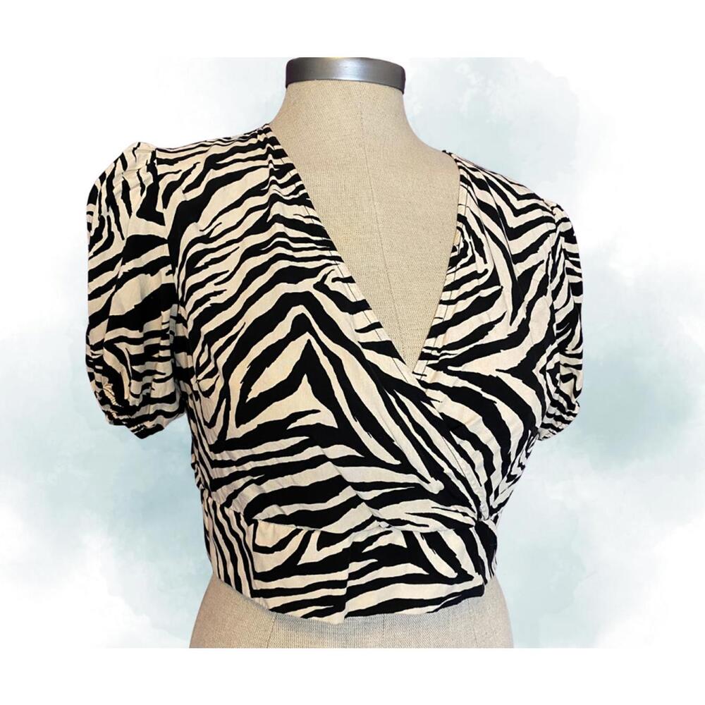 Rachel Roy Zebra Print Puff Sleeve Blouse Crop top Wrap front